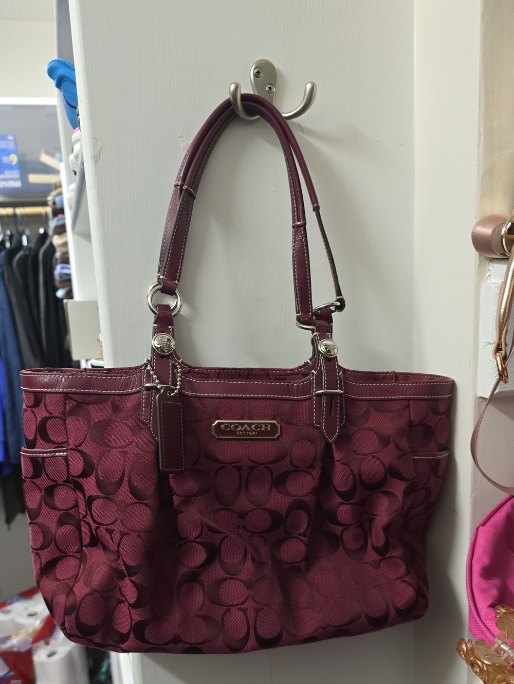 Coach Wine Signature Jacquard Tote And Matching Wallet